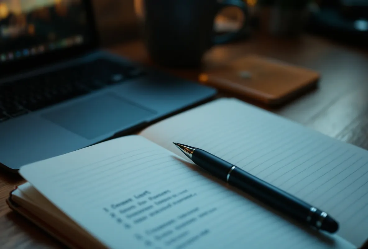 A single open notebook with a short, deliberate list beside a closed laptop on a warm desk