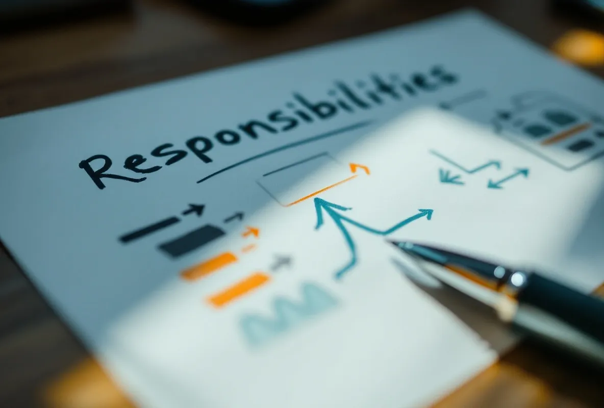 A hand-drawn responsibilities sketch on paper, simple shapes and arrows with no readable words