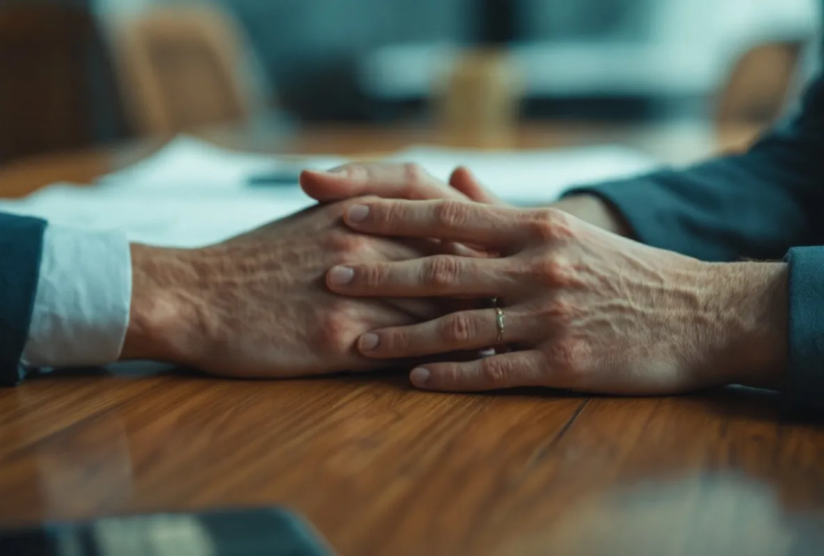 A pair of hands set flat and still on a meeting-room table, composure under pressure
